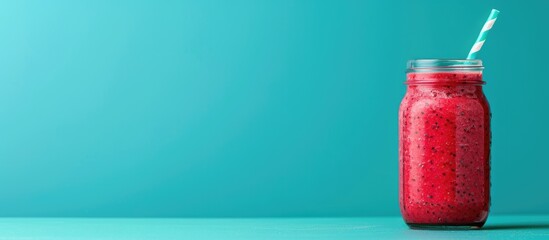 A red fruit smoothie freshly blended and served in a glass jar with a straw on a turquoise blue background, with space for text.