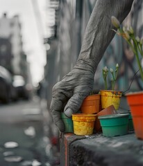 Hands of an elderly woman holding a pot with flowers on the street.