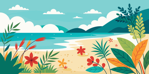 Fototapeta na wymiar Summer sea beach with summer leaves and flowers minimal background