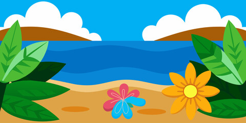 Fototapeta na wymiar Summer sea beach with summer leaves and flowers minimal background