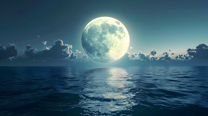 Naklejka na ściany i meble A full moon rising over a tranquil sea, telephoto lens to capture the moon's details against a twilight sky