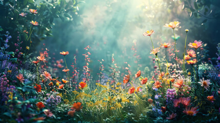 Fototapeta na wymiar Sunlight filters through a hazy enchanted forest, highlighting a diverse tapestry of wildflowers.