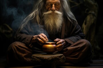 A man with a long white beard sitting down and holding a pot of tea. Generative AI - Powered by Adobe