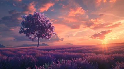 Papier Peint photo Aubergine Stunning lavender field landscape Summer sunset