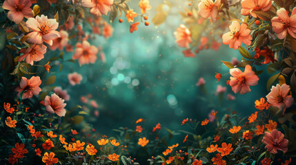 Magical springtime scene with peach flowers in full bloom, bathed in a soft teal glow.