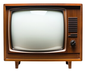 Vintage television with cut out screen white background broadcasting architecture.