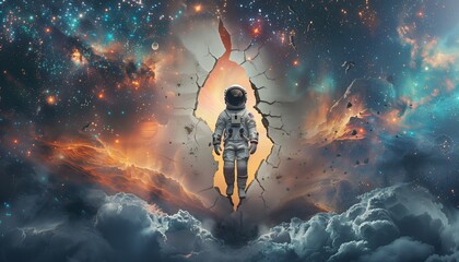 The Portal to the Cosmos: An Astronaut Steps Through a Torn White Wall into a Galactic Universe .