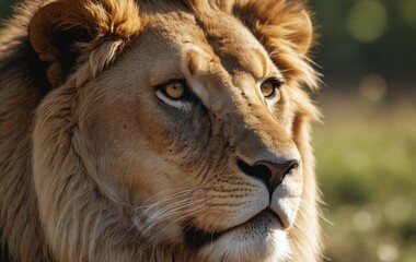 Close up of a lions face with whiskers and mane, staring at the camera