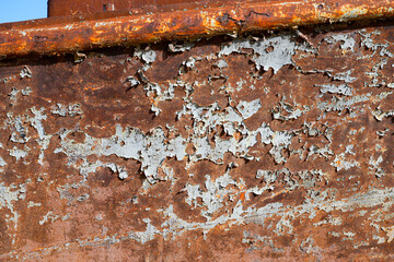 Rusty shipwreck lying on the seabed of the dried-up Aral Sea in Moynaq (or Muynak), a former...