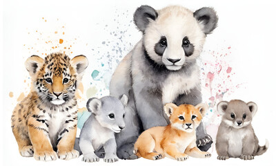 Group of furry animals painted in watercolors. Panda, Tigers, otter. White background.