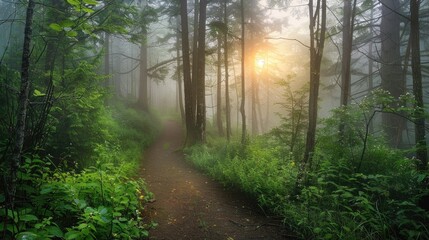Misty forest concealing itself at dawn a woodland trail - obrazy, fototapety, plakaty
