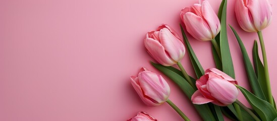 Pink tulip blooms on a pink backdrop, signaling anticipation for spring. Joyful Easter greeting card featuring a flat lay perspective from above.