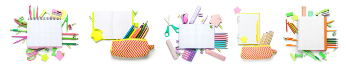 Set of school stationery on white background, top view