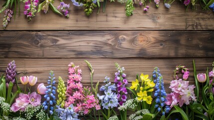 Fototapeta na wymiar Blooming Spring Flowers Floral Display on Wooden Background for Easter and Spring Greetings