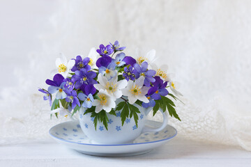Bouquet of spring hepatica flowers, anemones, pansies, violets in a cup on a white wooden table, beautiful card - 787560965