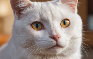 Closeup of a Felidae cat with yellow eyes and white fur, staring at the camera