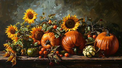 Naklejka na ściany i meble Sunflowers and pumpkins
