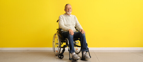 Senior man in wheelchair near yellow wall