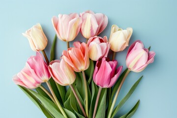 Fototapeta premium Bouquet of pink and white tulips on a blue background. Greeting card for Mother's Day, Woman's Day, Easter, Valentine's Day, Wedding, and Birthday celebration.