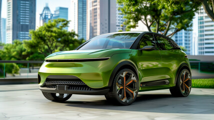 Concept of electric car in the future 2050, compact light green hatchback - obrazy, fototapety, plakaty