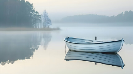 A lonely boat on a misty lake at dawn, soft focus to create a dreamlike atmosphere and emphasize the solitude of the scene