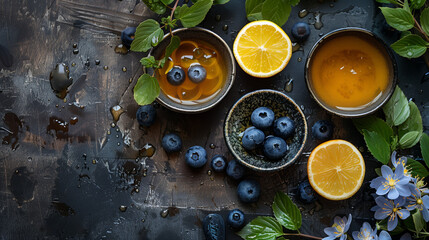 Obraz na płótnie Canvas A table with bowls of fruit and honey