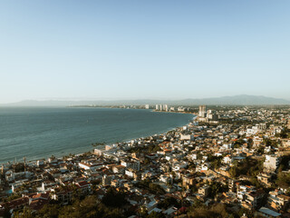 Incredible view looking towards hotel zone from el mirador at Hill of the Cross Viewpoint in Puerto Vallarta, Mexico. - obrazy, fototapety, plakaty