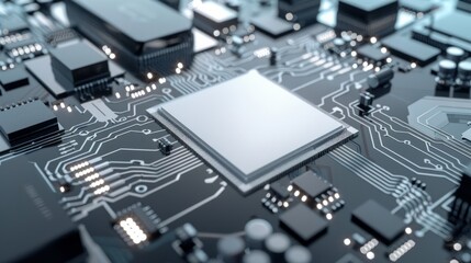 The CPU processor chip is on circuit board, light white and light gray design, dynamic energy flow
