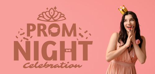 Happy young woman in stylish prom dress and paper crown on pink background