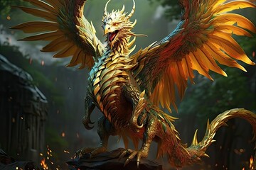 A majestic golden dragon sits regally atop a large rock in a mythical setting. Generative AI
