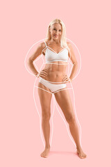 Fototapeta premium Body positive mature woman in underwear on pink background