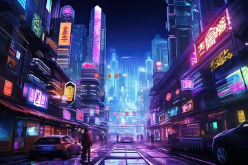 A man stands on a city street at night, surrounded by glowing neon lights and tall buildings. Generative AI