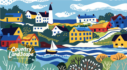 Country landscape. Summer and nature. Vector cute illustrations of a village, town, lake with a boat, house, river, city, street, bush for a poster, background or card - 787563580
