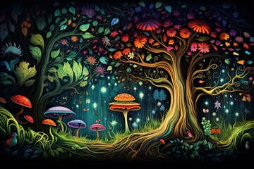 A painting showing a dense forest with various mushrooms and tall trees. Generative AI