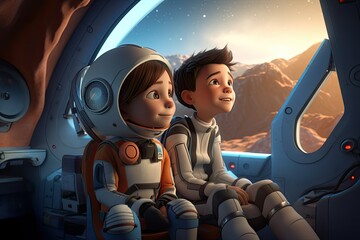 A couple of individuals sit inside a space station, surrounded by futuristic technology and equipment. Generative AI