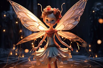 A little fairy with wings, wearing a colorful dress, is standing with a flower in her hair. Generative AI