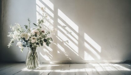 Bright white room interior. Beautiful white flowers in a vase, soft light and shadow patterns on the wall. 