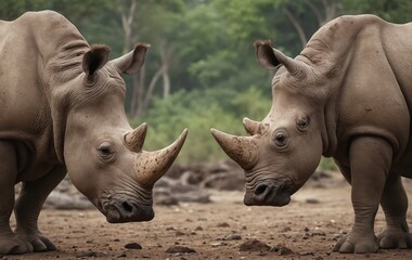 Two white rhinos standing in the dirt next to each other - Powered by Adobe
