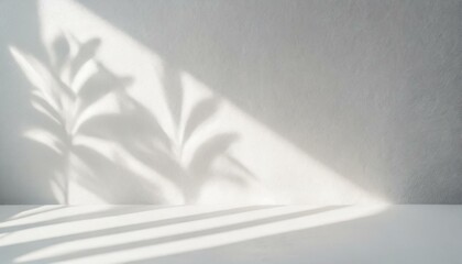 White wall as background. Abstract natural floral shadow patterns. White wooden floor.