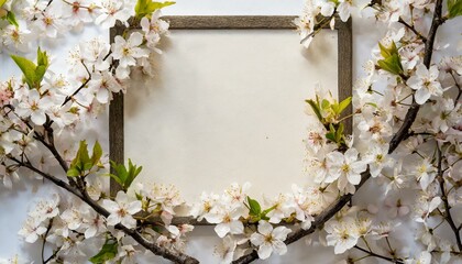 桜の枝が囲っている白い背景、とてもシンプルで見やすい、中央部分は角々が鮮明な
ボードでお洒落に仕上げる - obrazy, fototapety, plakaty