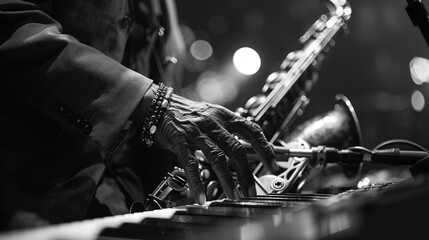 A close-up view of a saxophonist's fingers swiftly moving over the keys during a live jazz...