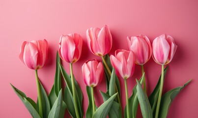 Fototapeta premium Beautiful pink tulips on pink background, flat lay. Greeting card with beautiful tulips on Mother's Day.