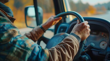 A truck driver navigates with focus on the road, hands on the wheel, epitomizing the essence of freight transport.
