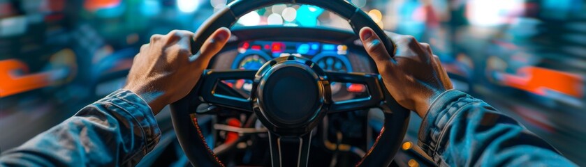 A person holds a steering wheel, engaged in an intense virtual reality racing game, capturing the excitement of VR gaming.
