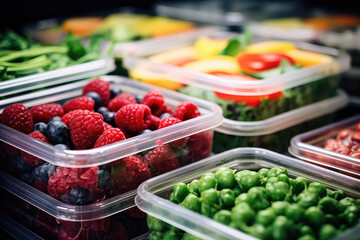 Berries and healthy vegetables are prepared in containers for freezing in the home refrigerator