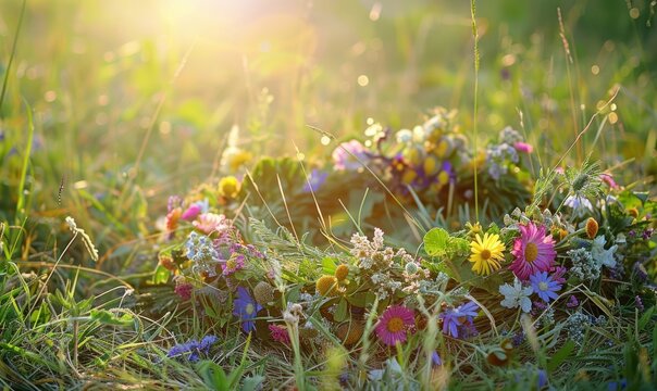 Wildflowers wreath on a sunny meadow. Sunny green natural background. Summer solstice concept. Symbol of Beltane.