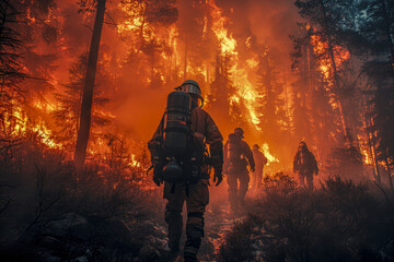 Several firefighters in uniform and with cylinders navigate through a forest fire. They are surrounded by a burning forest. A grim depiction of a forest fire. Generative AI.