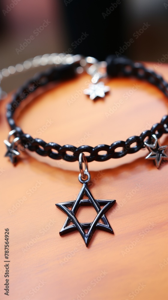 Poster A black bracelet with a star of david charm and silver stars, AI