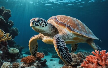 Obraz premium Underwater organism, sea turtle, swimming near coral reef in the ocean