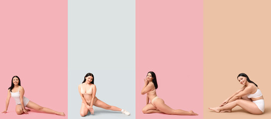 Set of young body positive woman in underwear on color background